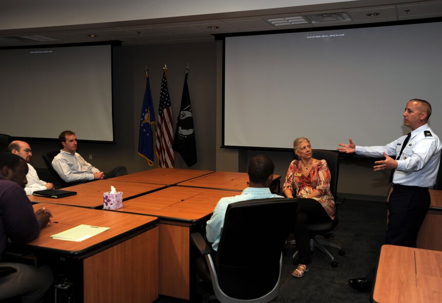 Maj. Eric Levesque,Air Reserve Personnel Center selection board division chief, provides a mission brief to the Congressional Staff Members specializing in Reserve affairs Aug. 26, 2011,on Buckley Air Force Base, Colo. This was the staffers first-ever visit to ARPC’s headquarters. (U.S. Air Force photo/Tech. Sgt. Rob Hazelett)