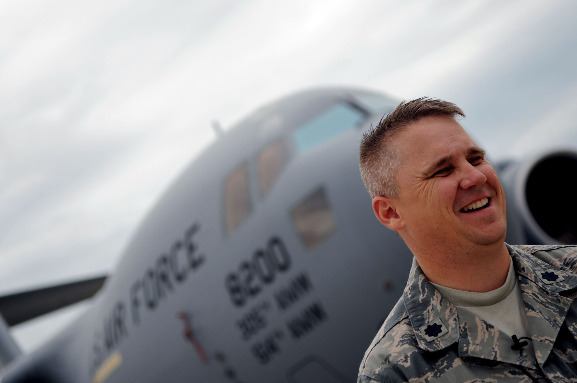 Lt. Col. Bradley Baugh, 319th Operations Support Squadron commander, is interviewed about Grand Forks Air Force Base's support in housing three C-17 Globemaster IIIs and eight KC-10 Extenders during Hurricane Irene on GFAFB Aug 27. The mission helped protect these $200 million assets by opening up the flight line to house the aircraft. (U.S. Air Force photo by Senior Airman Amanda N. Stencil)