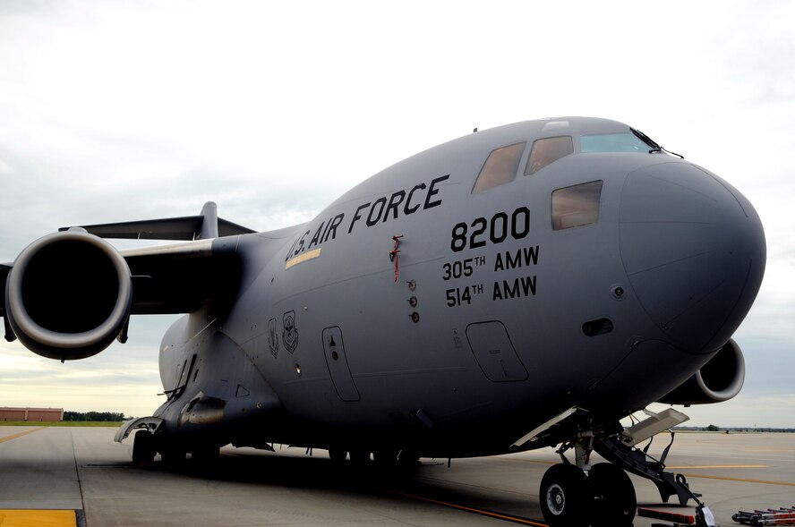 A C-17 Globemaster III sits on the flight line on Grand Forks Air Force Base Aug 27. The C-17s are here from Joint Base McGuire-Dix-Lakehurst, N.J., in response to Hurricane Irene. The C-17 is used for rapid strategic airlift of troops and cargo to main operating bases or forward operating bases and can also perform tactical airlift, medical evacuation and airdrop missions. (U.S. Air Force photo by Senior Airman Amanda N. Stencil)