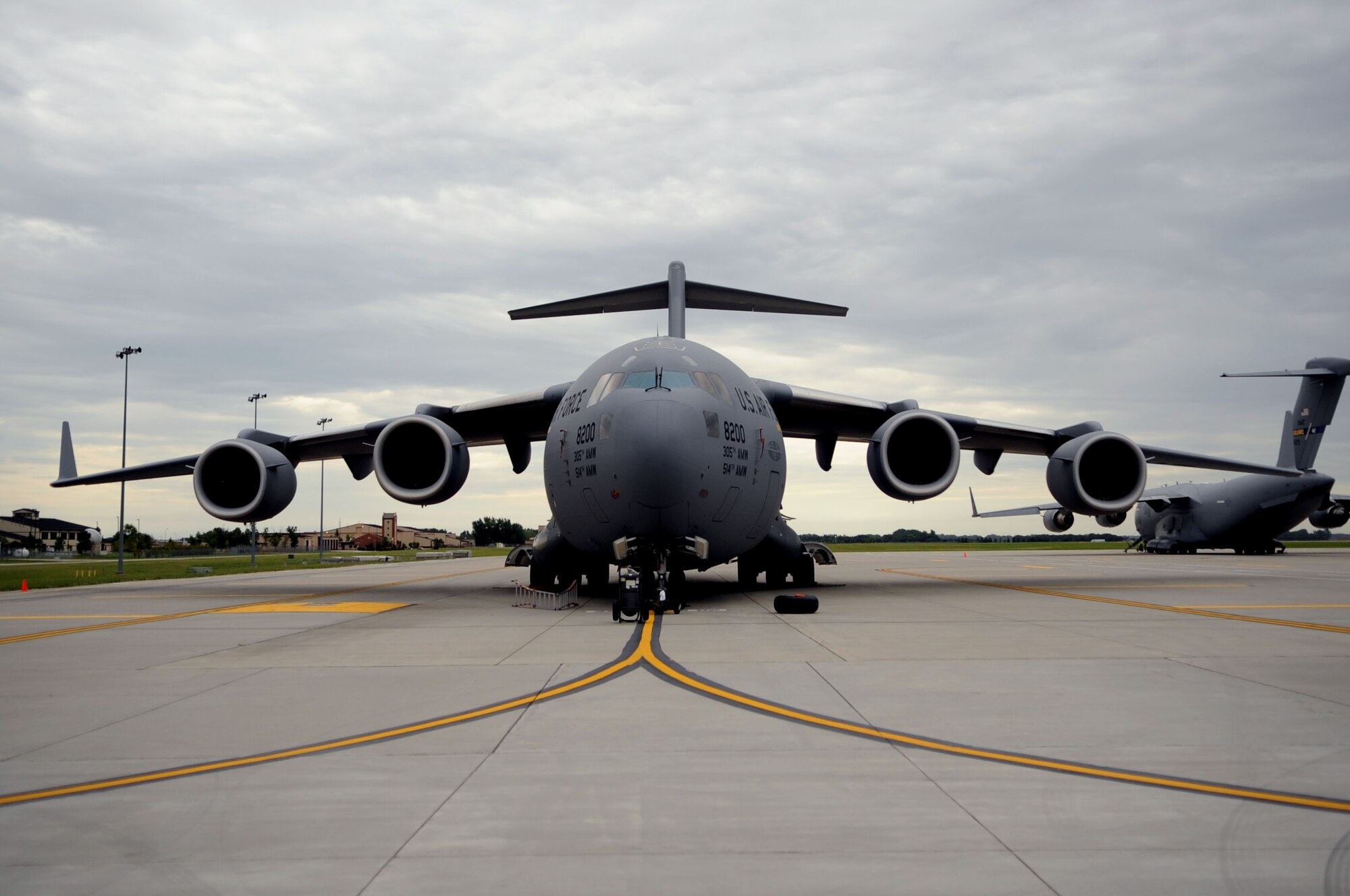 A C-17 Globemaster III sits on the flight line on Grand Forks Air Force Base Aug 27. The C-17s are here from Joint Base McGuire-Dix-Lakehurst, N.J., in response to Hurricane Irene. The C-17 is used for rapid strategic airlift of troops and cargo to main operating bases or forward operating bases and can also perform tactical airlift, medical evacuation and airdrop missions. (U.S. Air Force photo by Senior Airman Amanda N. Stencil)