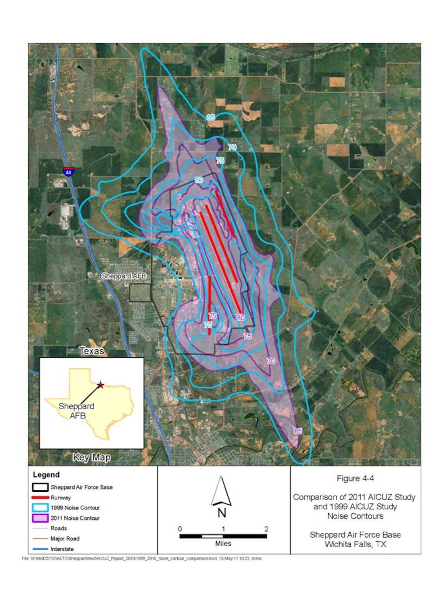Sheppard Air Force Base released the results of its Air Installation Compatible Use Zone study Aug. 29. The noise level contours have decreased since the last study in 1999. (U.S. Air Force courtesy photo)