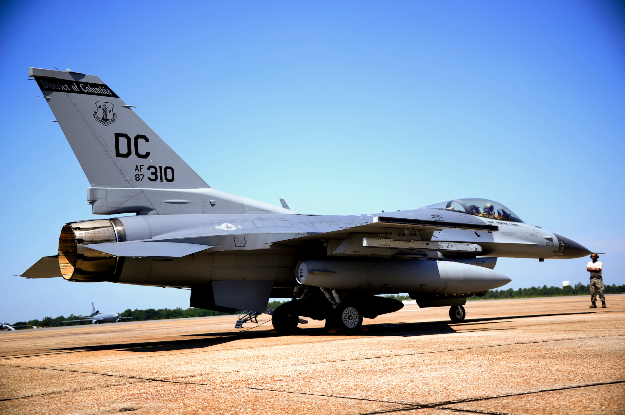 An F-16 Fighting Falcon, from the District of Columbia Air National Guard, taxis out toward the runway at Eglin Air Force Base, Fla., returning home to Washington, Aug. 29.  The F-16s arrived here Aug. 26 as an evacuation measure from the impending Hurricane Irene.  (U.S. Air Force photo/Staff Sgt. Joely Santiago)