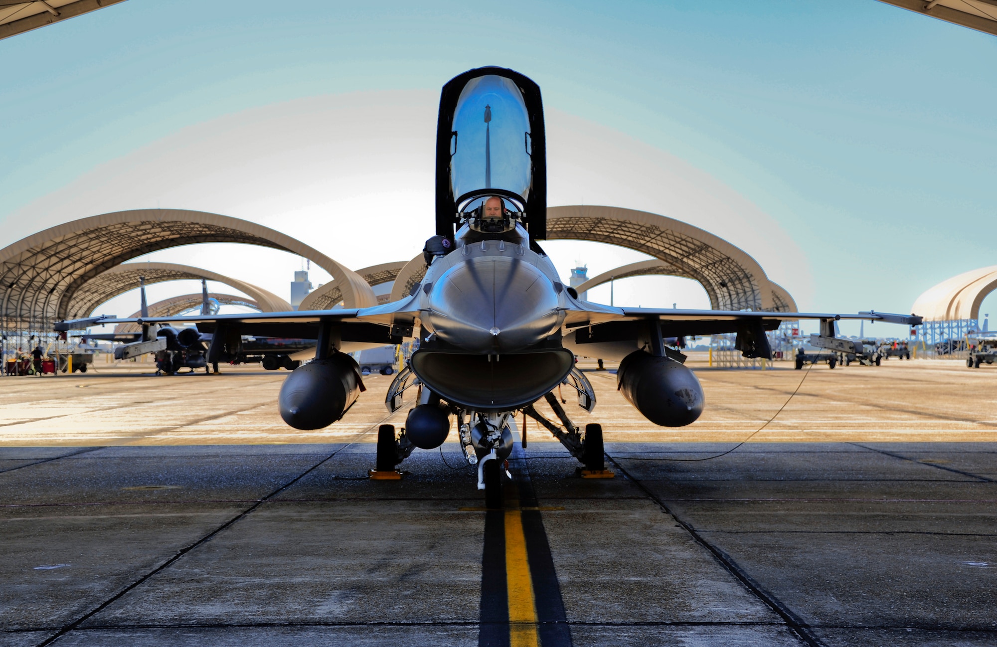 An F-16 Fighting Falcon pilot, with the District of Columbia Air National Guard, prepares the aircraft to return home to Washington, Aug. 29 from Eglin Air Force Base, Fla.  The F-16s arrived here Aug. 26 as an evacuation measure from the impending Hurricane Irene.  (U.S. Air Force photo/Staff Sgt. Joely Santiago)