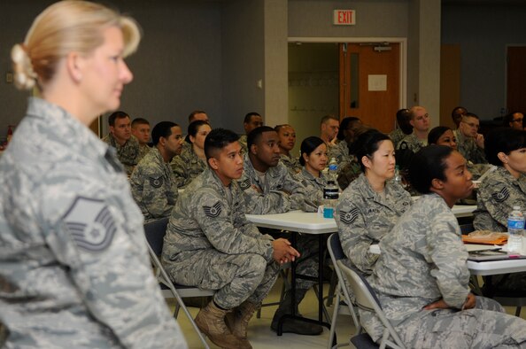 Members of Team Barksdale listen intently to the speakers during a Senior NCO Professional Enhancement Course Aug. 25 at the Chapel 2 annex on Barksdale Air Force Base, La. Master Sgt. Kim Owens, 2nd Bomb Wing career assistance advisor, facilitates these and other various seminars throughout the year.  (U.S. Air Force photo/Airman 1st Class Andrea F. Liechti) (RELEASED)