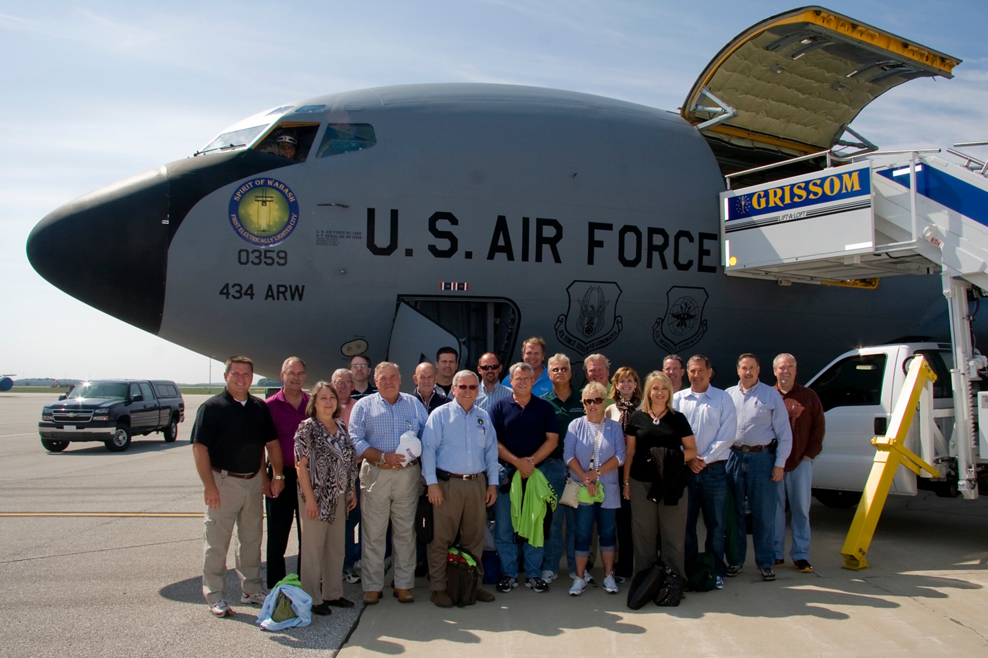 GRISSOM AIR RESERVE BASE, Ind. -- Indiana state legislators and the Indiana University Kokomo chancellor pose for a photo in front of a Grissom KC-135R Stratotanker shortly before taking off onboard the aircraft to witness first-hand the aerial refueling mission of the 434th Air Refueling Wing Aug. 17. (U.S. Air Force photo/Tech. Sgt. Mark R. W. Orders-Woempner)                                
