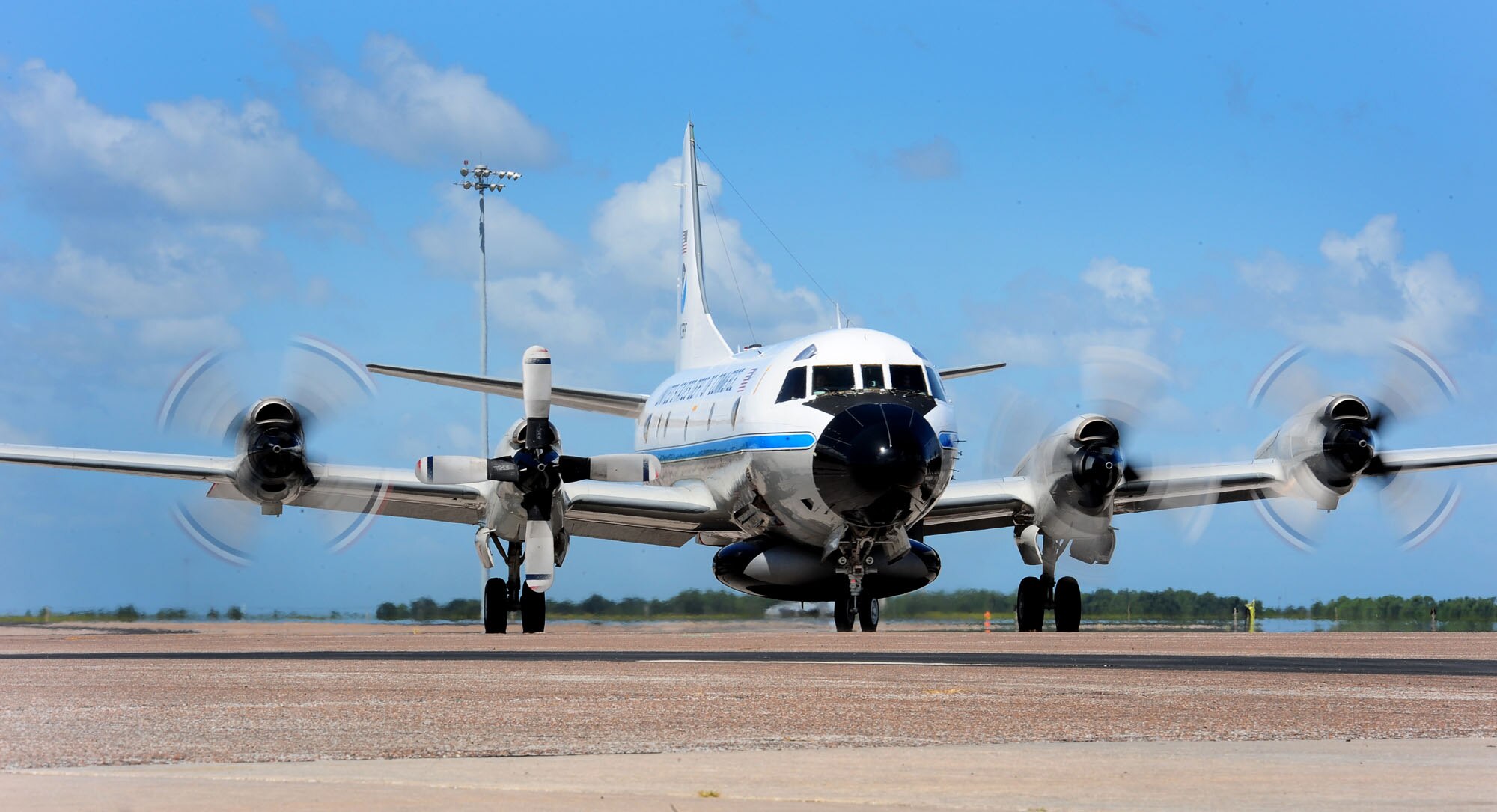 A National Oceanic and Atmospheric Administration WP-3D Orion taxis after landing Aug 26, 2011 on MacDill Air Force Base, Fla. The aircraft and its crew just returned from a flying mission monitoring Hurricane Irene. (U.S. Air Force photo by Airman Basic David Tracy)