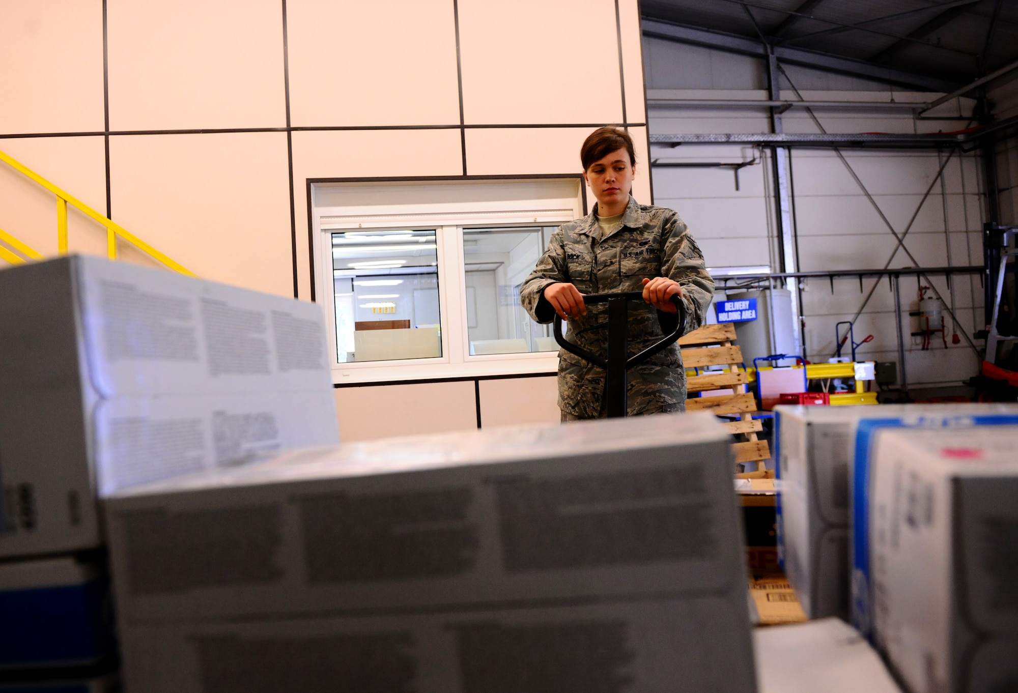 SPANGDAHLEM AIR BASE, Germany -- Airman 1st Class Meagan Bock, 52nd Logistics Readiness Squadron hazmat journeyman, moves a pallet of printer cartridges to be recycled at the hazmart pharmacy here Aug. 30. The 52nd LRS Hazmart Pharmacy is the base’s primary source of ink and toner cartridges and, through a local contract, saves the base approximately 30-40 percent in costs annually by purchasing recycled printer cartridges. (U.S. Air Force photo/Staff Sgt. Nathanael Callon)