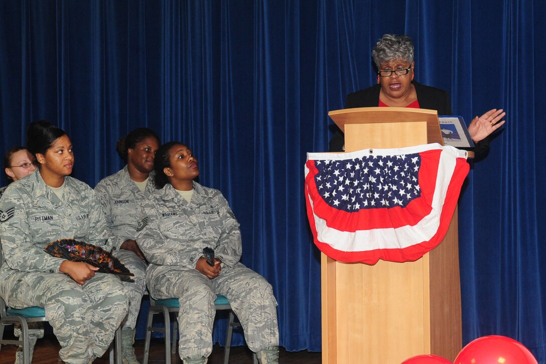 Deborah Rothwell, with the 633rd Air Base Wing Inspector General team, gives her affirmative argument on the importance of women's rights at the community center at Langley Air Force Base, Va., August 25, 2011. The event was held to inform Team JBLE on the history and the reason for Women's Equality Day. (U.S. Air Force photo by Staff Sgt. Ashley Hawkins/Released)