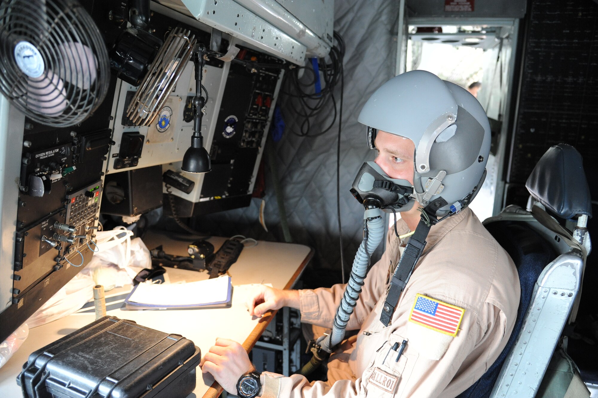 Staff Sgt. Aaron Tessmann conducts a pre-flight check of his life support equipment on a KC-135 Stratotanker stationed at the Transit Center at Manas, Kyrgyzstan, Aug. 27. Tessman is a 22nd Expeditionary Air Refueling Squadron boom operator. He is deployed from the 93rd Air Refueling Squadron at Fairchild Air Force Base, Wash. (U.S. Air Force photo/Tech. Sgt. Hank Hoegen)