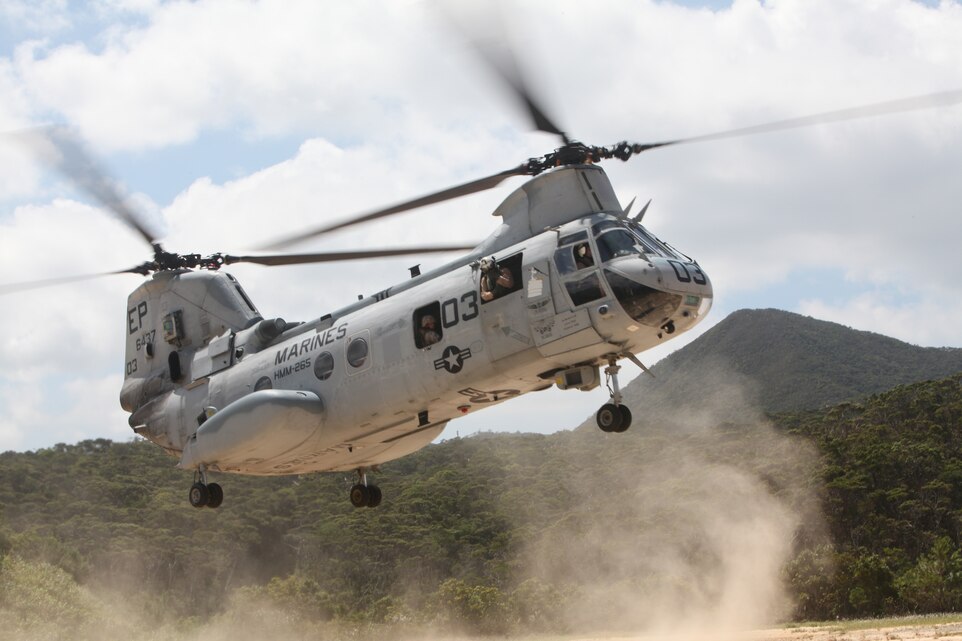 A CH-46 helicopter of Marine Medium Helicopter Squadron 265 (Reinforced), 31st MEU, arrives with Marines and Sailors with Combat Logistics Battalion 31, 31st MEU, at the scene of a mass casualty exercise.  The training was held in preparation for the 31st MEU’s certification for deployment.  The 31st MEU is the only continually forward deployed MEU and is the nation’s expeditionary force in readiness in the Asia-Pacific region.