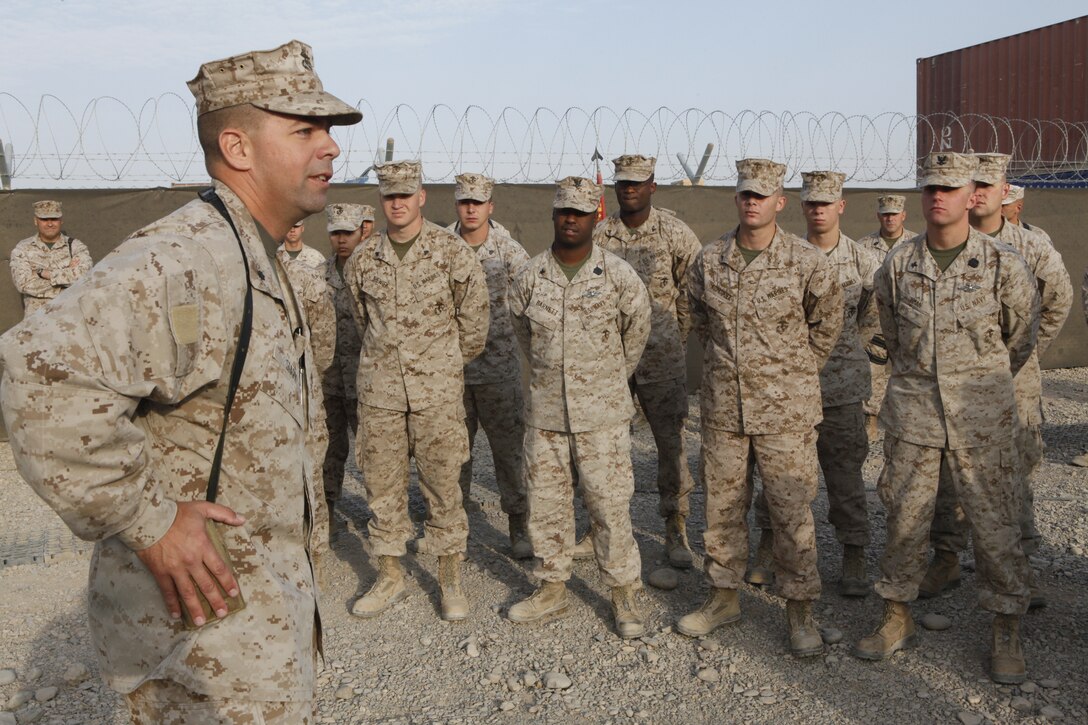 Lt. Col. John R. Siary, the new commanding officer of Marine Air Control Group 28, speaks to his Marines after taking command of the group from Lt. Col. Thomas Bajus for the second half of the group’s yearlong deployment to Camp Leatherneck, Afghanistan, Aug. 31. “I am very excited to be out here and to get the job done,” said Siary, a native of Albany, N.Y. “The first rotation of Marines did excellent out here and now we are going to build upon that and keep up the good work.”