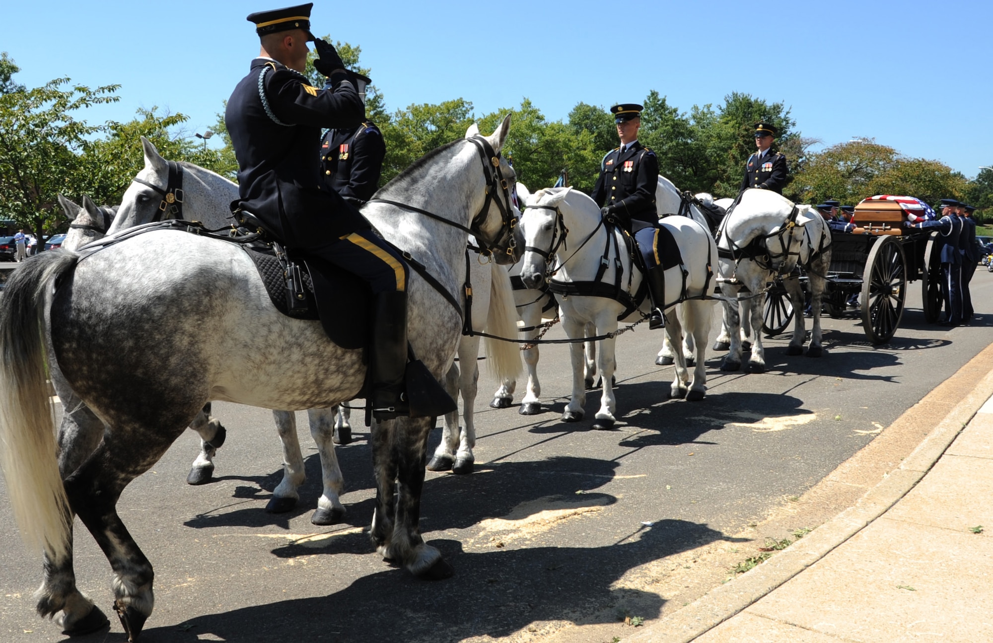 ARLINGTON, Va. -- The U.S. Army ?Old Guard? stands-by as members of the U.S. Air Force Honor Guard prepare Tech. Sgt. John Brown for transport to his final resting place at Arlington National Cemetery Aug. 30, 2011. Brown was one of 30 Americans killed in the Aug. 6 crash of a CH-47 Chinook helicopter in eastern Afghanistan. (U.S. Air Force photo/Staff Sgt. Tiffany Trojca) 