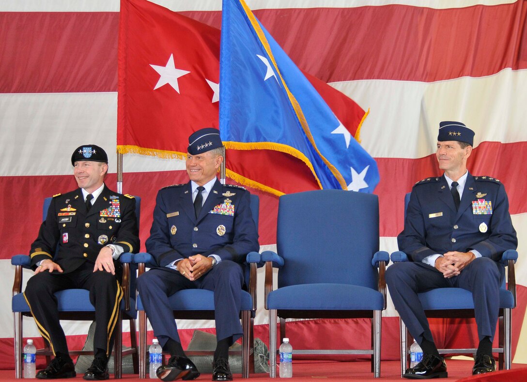 From left, Gen. Charles H. Jacoby North American Aerospace Defense Command commander, Gen. William M. Fraser, Air Combat Command commander, and Lt. Gen. Sid Clarke, new Continental U.S. NORAD-1st Air Force (Air Forces Northern) commander listen in as outgoing CONR-1st AF (AFNORTH) Commander Maj. Gen. Garry C. Dean reflects on his time as commander during the organization’s (Air Forces Northern) change of command ceremony at Tyndall Air Force Base, Fla., Aug. 31. Clarke assumed command of 1st Air Force from Dean, marking the first time a lieutenant general has ever held a command billet at Tyndall. (U.S. Air Force photo by Lisa Norman)