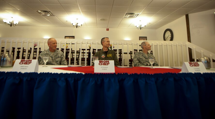 U.S. Air Force Chief Master Sgt. Frank Batten, 23rd Wing command chief, left, Col. Billy Thompson, 23rd Wing commander, center, and Lt. Col. Ryan Mantz, 23rd Mission Support Group deputy commander, serve as judges for the Iron Chef Competition at Moody Air Force Base, Ga., Aug. 30, 2011. This was the first ever Iron Chef Competition held at Moody, and the event took place at the Georgia Pines Dining Facility. (U.S. Air Force photo by Airman 1st Class Joshua Green/Released)
