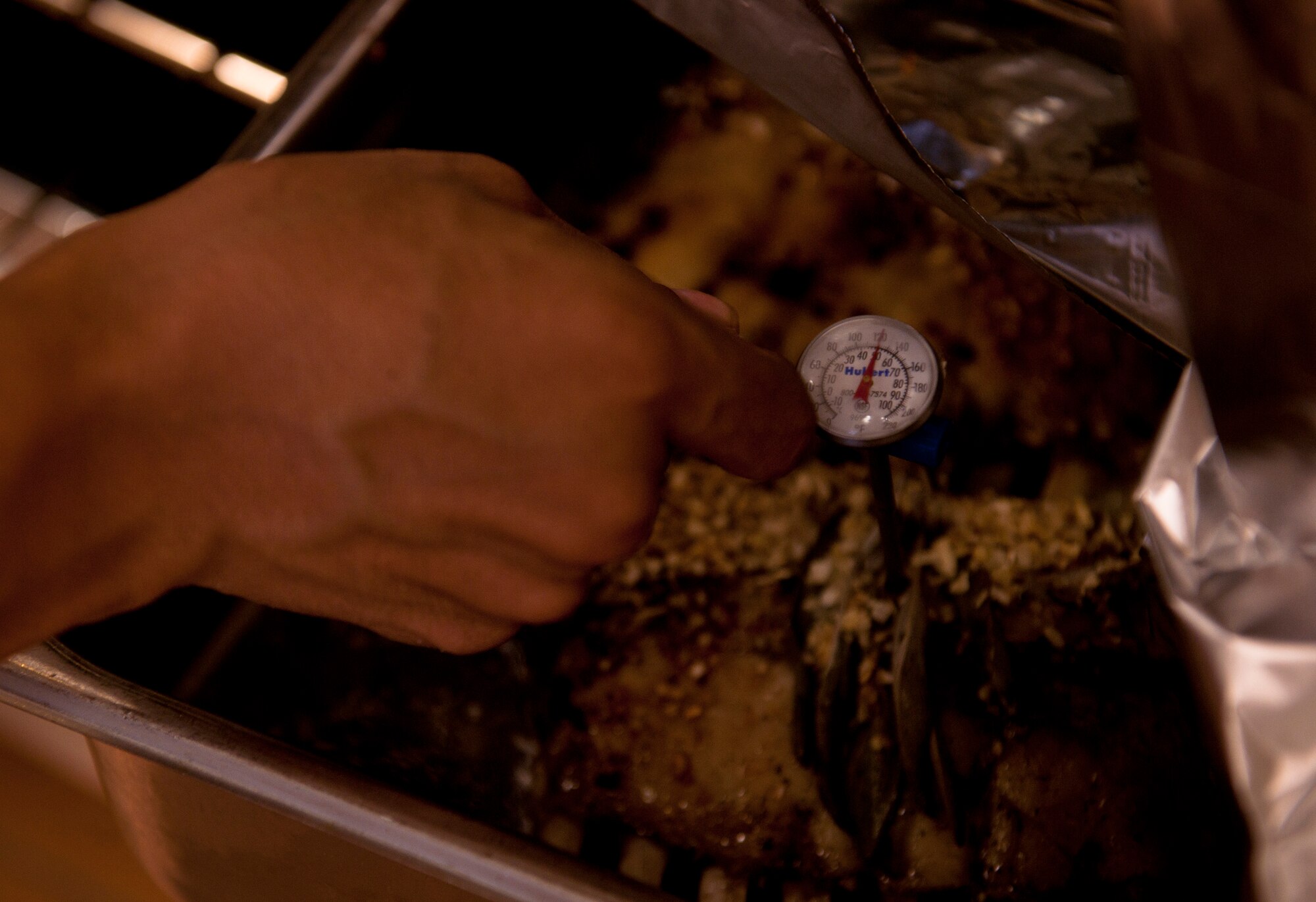A competitor participating in the Iron Chef Competition checks the temperature of the lamb at Moody Air Force Base, Ga., Aug. 30, 2011. The goal of the competition was to challenge individuals from different agencies to crown the base’s top chefs. (U.S. Air Force photo by Airman 1st Class Joshua Green/Released)
