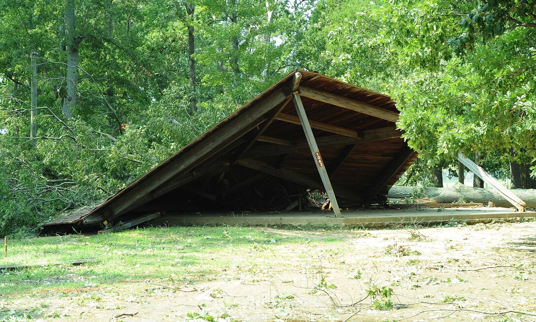 A soldier training site was destroyed due to 60 mile per hour winds at Fort Eustis, Va., Aug 29, 2011. The category one storm made landfall in the Hampton-Roads area Saturday creating power outages for more than 4 million people. (U.S. Air Force photo by Staff Sgt. Antoinette Gibson/Released)