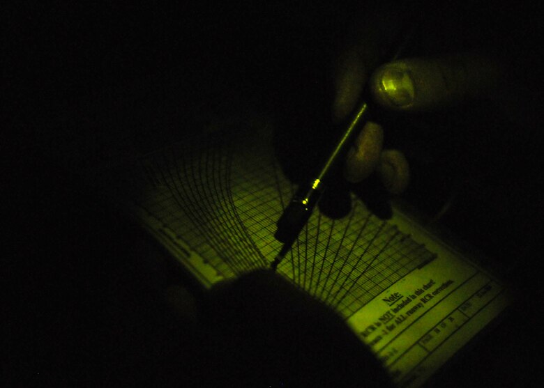 Staff Sgt. Cris Hunter, a flight engineer for 711th Special Operations Squadron, checks a graph on the MC-130E Talon I on a training mission on Duke Field, Fla. The flight engineer monitors the aircraft systems and calculates performance capabilities of the aircraft. The 711th SOS, part of the 919th Special Operations Wing, conducts flight training missions five days a week to maintain currency on all of their readiness requirements. (U.S. Air Force photo/Tech. Sgt. Cheryl Foster)