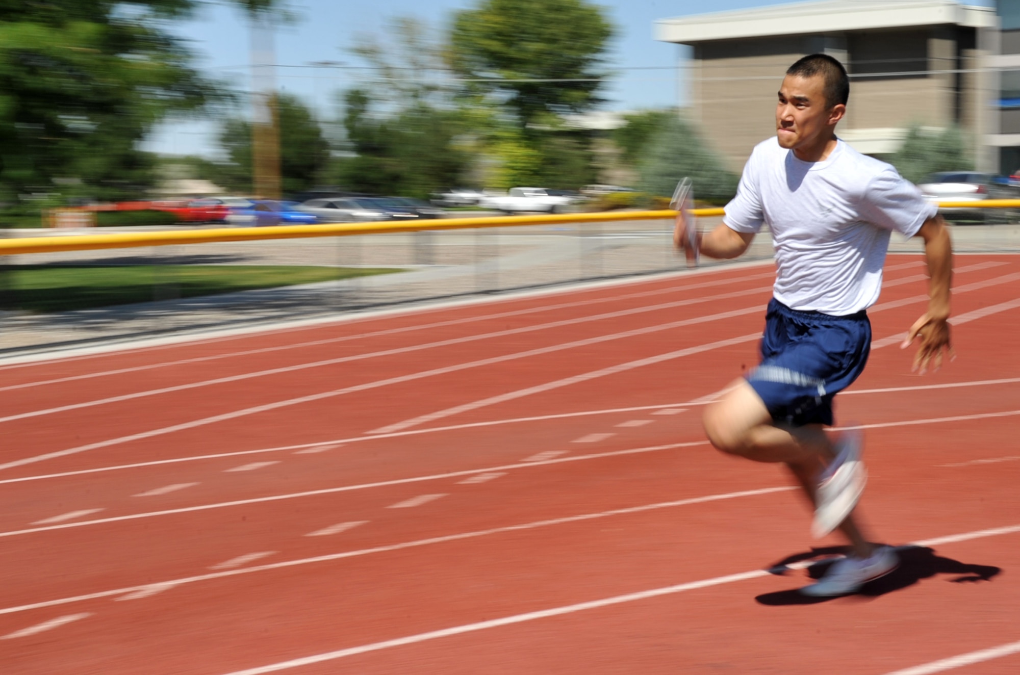 MOUNTAIN HOME AIR FORCE BASE, Idaho – Senior Airman Hansol Chung, 366th Logistics Readiness Squadron, races to the finish line during the Gunfighter Relays Aug. 25 here. Chung participated in three out of the five events that were held during the relays. (U.S. Air Force photo by Airman 1st Class Heather Hayward)