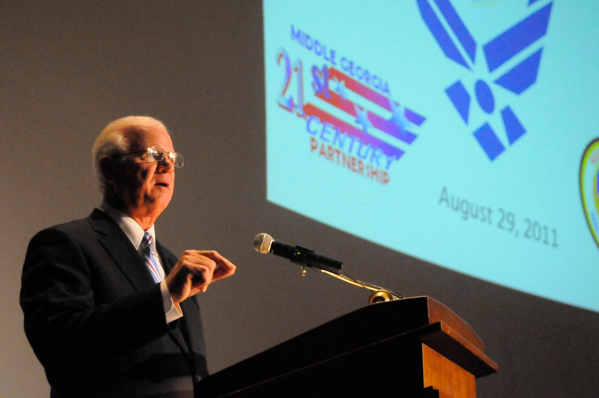 U.S. Senator Saxby Chambliss, R-Ga, speaks at the Robins Region Progress Report at the Museum of Aviation Monday. Local business people, elected officials and Robins supporters attended to hear about issues concerning the base. U. S. Air Force photo by Sue Sapp