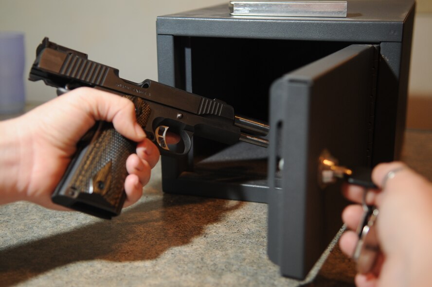 MINOT AIR FORCE BASE, N.D. – Proper storage of firearms and ammunition is vital to ensuring the safety of Minot’s Airmen and their families. Unloaded firearms should be stored in a lockable gun cabinet, safe or locked vault. (U.S. Air Force Photo/Tech. Sgt. Thomas Dow)