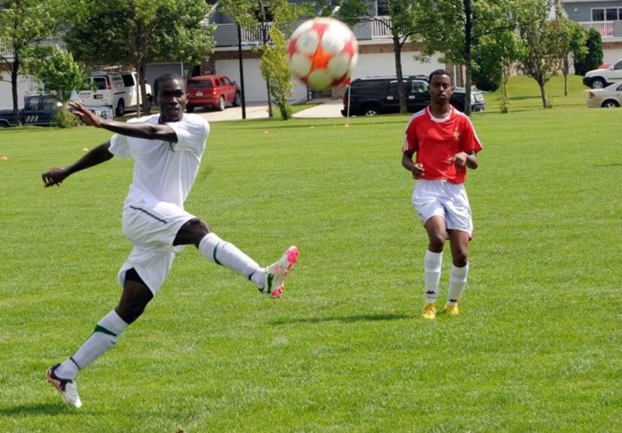 Airman 1st Class Obarijima Ollor, 319th Logistics Readiness Squadron, takes a shot on goal during a soccer tournament May 10 in Grand Forks, ND. (U.S. Air Force photo/Airman 1st Class Derek VanHorn)