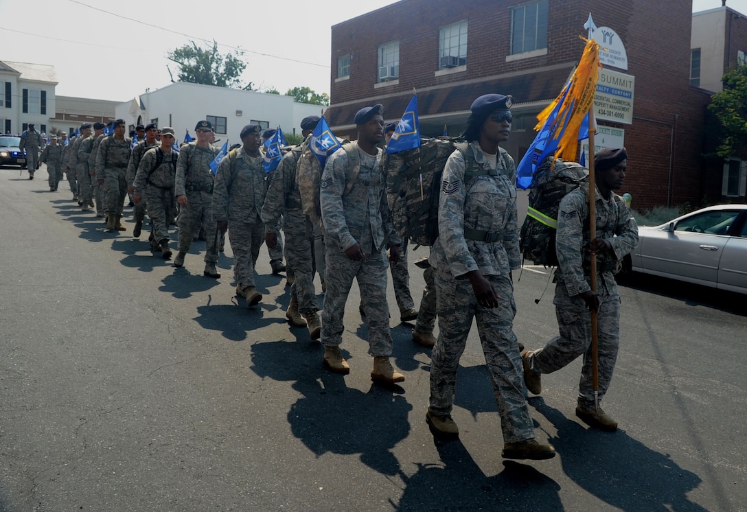 Airmen from Langley Air Force Base, Va., participate in the Security Forces 9/11 Ruck March to Remember in Amherst, Va., Aug. 25, 2011. Security Forces units from 15 bases across the country march to honor the 10th anniversary of the terrorist attacks on Sept. 11, 2001. (U.S. Air Force photo by Airman 1st Class Racheal Watson/Released)
