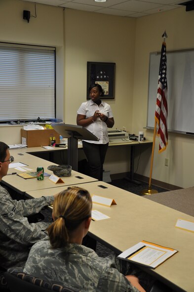 Tech. Sgt. Biagi Borrero teaches the Alive at 25 course at Seymour Johnson Air Force base Aug. 24, 2011. Alive at 25 is a defensive driving course offered to Airmen under the age of 25, which points out the hazards of driving and the responsibilities of being behind the wheel. Borrero is a safety technician at Shaw Air Force Base, S.C., and a native of Hampton, Va. (U.S. Air Force photo by Airman 1st Class Mariah Tolbert/Released)