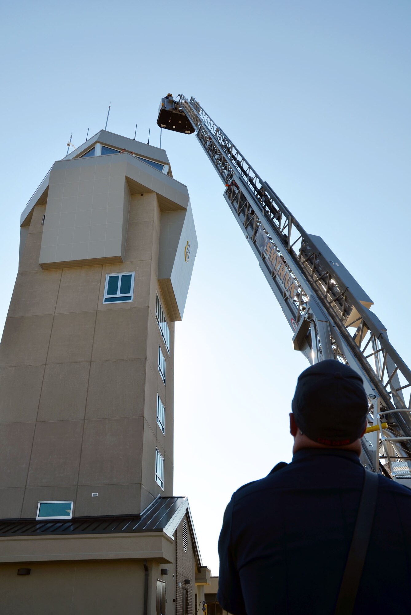 Fire fighters from Dobbins and Smyrna, Ga., conduct training at the newly opened air traffic control tower here Aug. 23-24. (U.S. Air Force Photo/Don Peek)