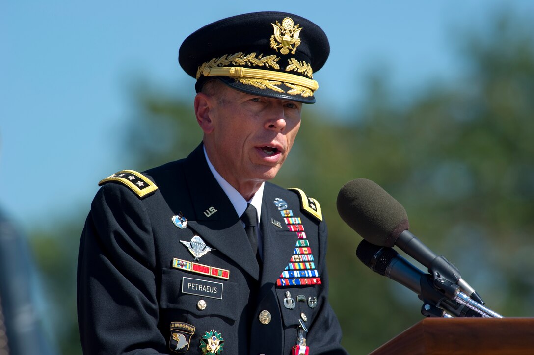 Army Gen. David H. Petraeus delivers remarks during his Armed Forces Farewell and retirement ceremony on Joint Base Meyer-Henderson Hall, Va., Aug. 31, 2011. 
