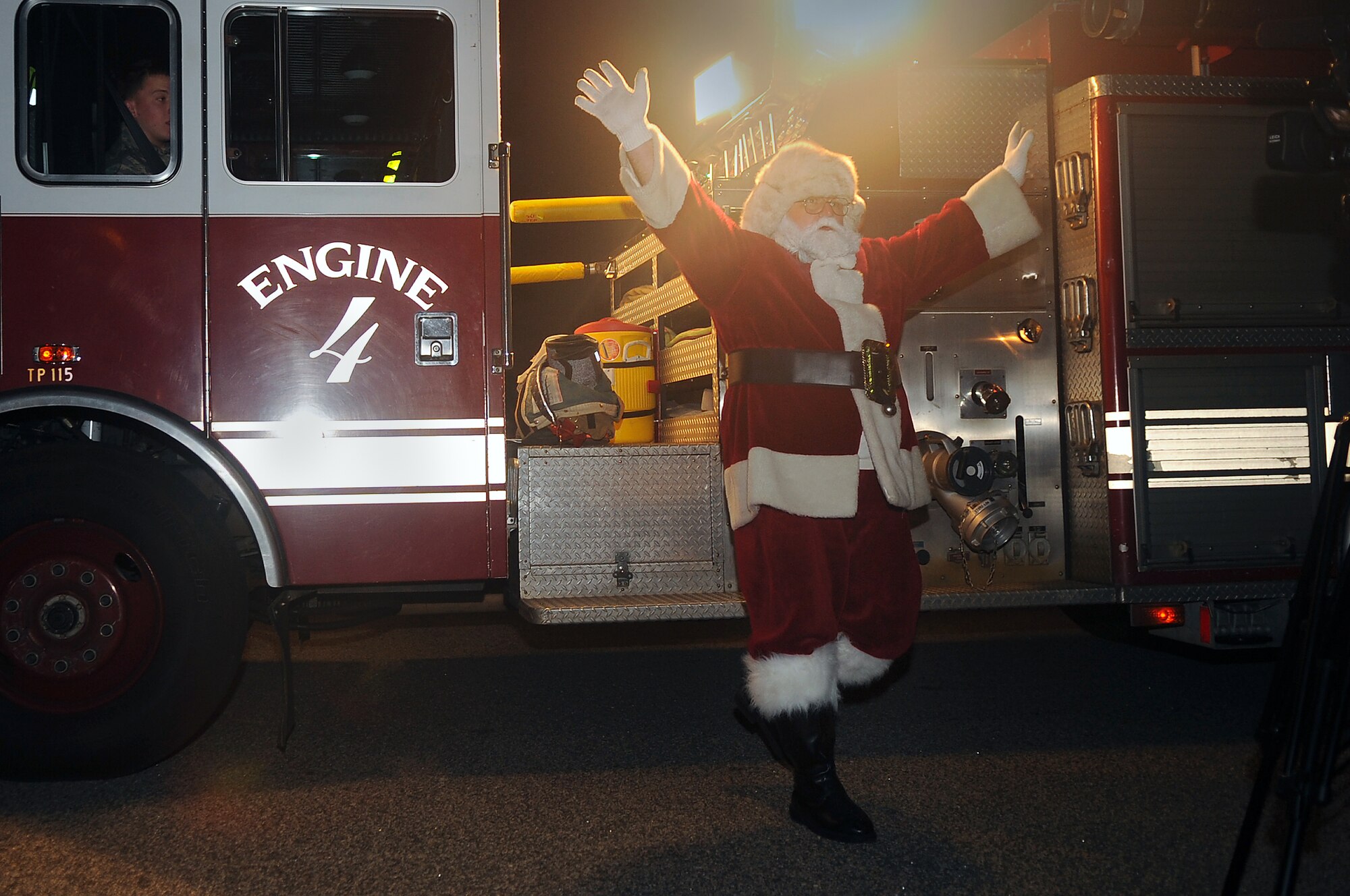 Santa arrives to greet everyone at the Christmas Tree Lighting Ceremony, Shaw Air Force Base, S.C., Nov. 30, 2011. The Christmas Tree Lighting Ceremony was put together by Shaw's Chaplains, and is held annually to signify the beginning of Christmas holiday activities. (U.S. Air Force photo by Airman First Class Hunter Brady/Released)








