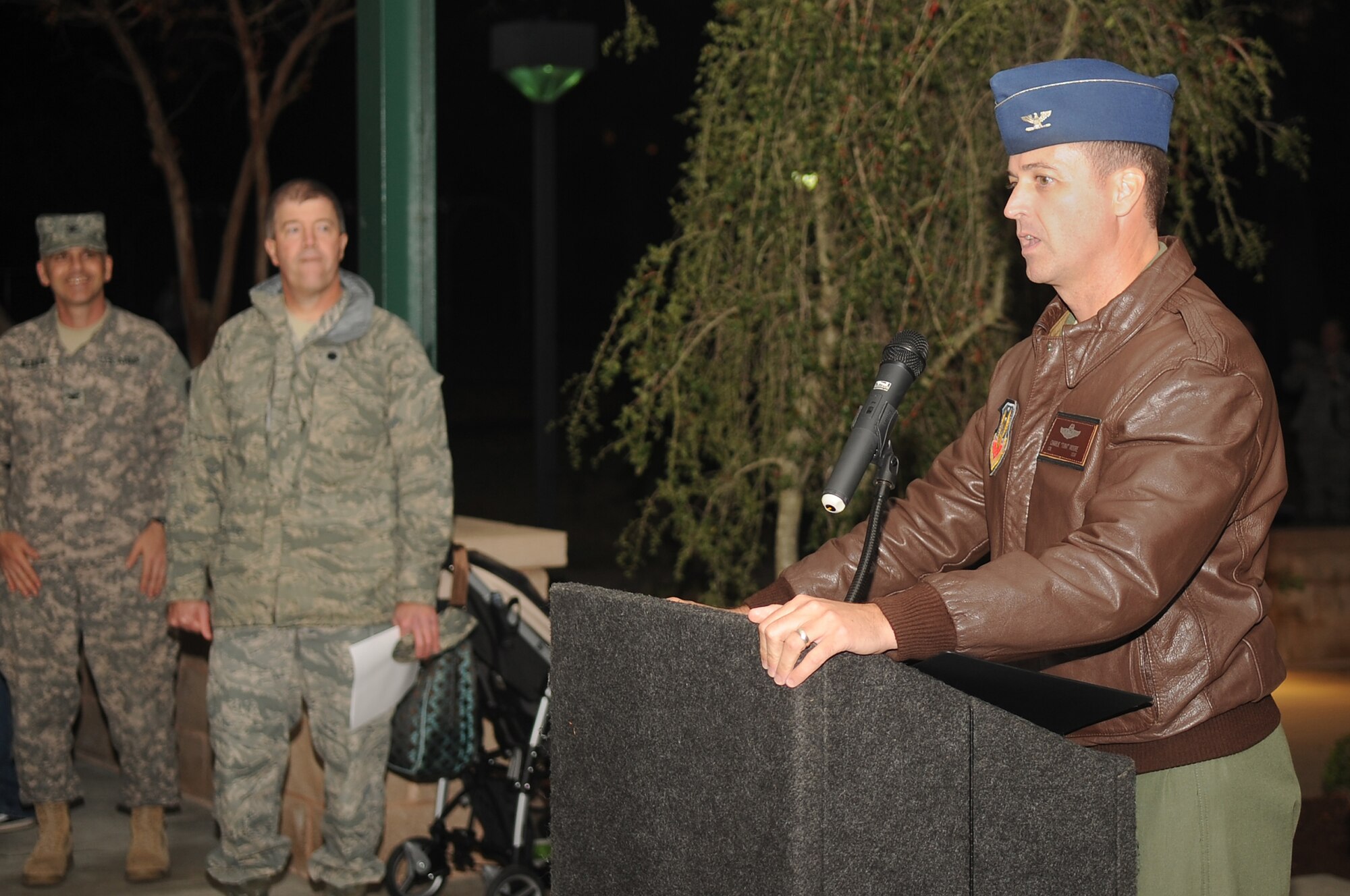 U.S. Air Force Col. Charles Moore, 20th Fighter Wing commander, gives a speech before the Christmas Tree Lighting Ceremony, Shaw Air Force Base, S.C., Nov. 30, 2011. The Christmas Tree Lighting Ceremony was put together by Shaw's chaplains and is held annually to signify the beginning of Christmas holiday activities. (U.S. Air Force photo by Airman First Class Hunter Brady/Released)







