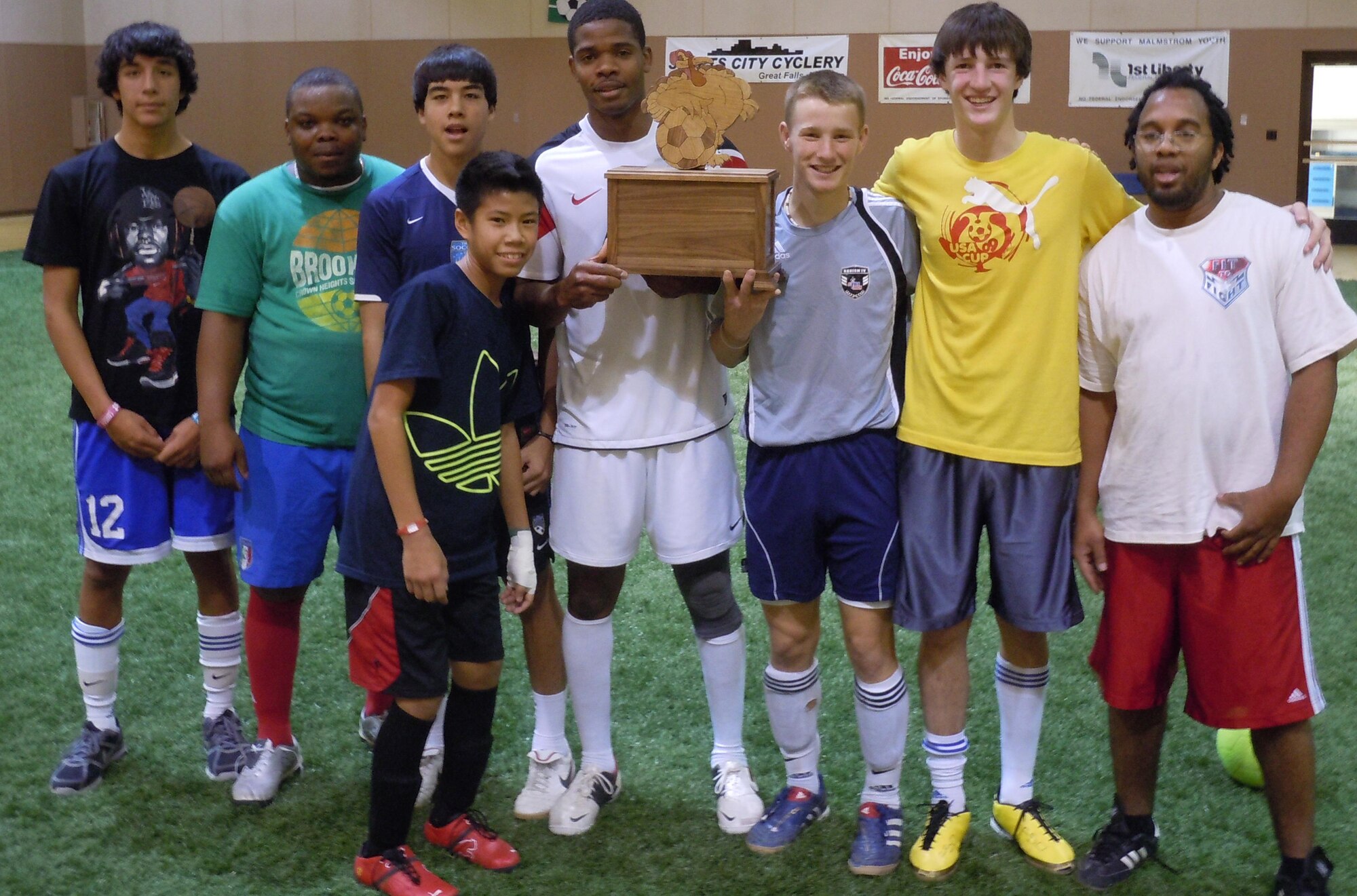 The inaugural Gobbler's Cup indoor soccer tournament was held Nov. 25-27. Pictured at left is the tournament's winning team. From left to right are Mike Hemmah, Dwayne Lewis, David Hemmah, Nick Johnson, Kossovi Akou, Nick Downs, Taylor Koth and Kwesi Smith. Other members of the team not pictured include Eric and Luke Twedt and Zack Lacasse. Another similar tournament is planned for New Year's weekend. For more information, contact Staff Sgt. Frederick Faffaelli at 731-2776. (U.S. Air Force courtesy photo)