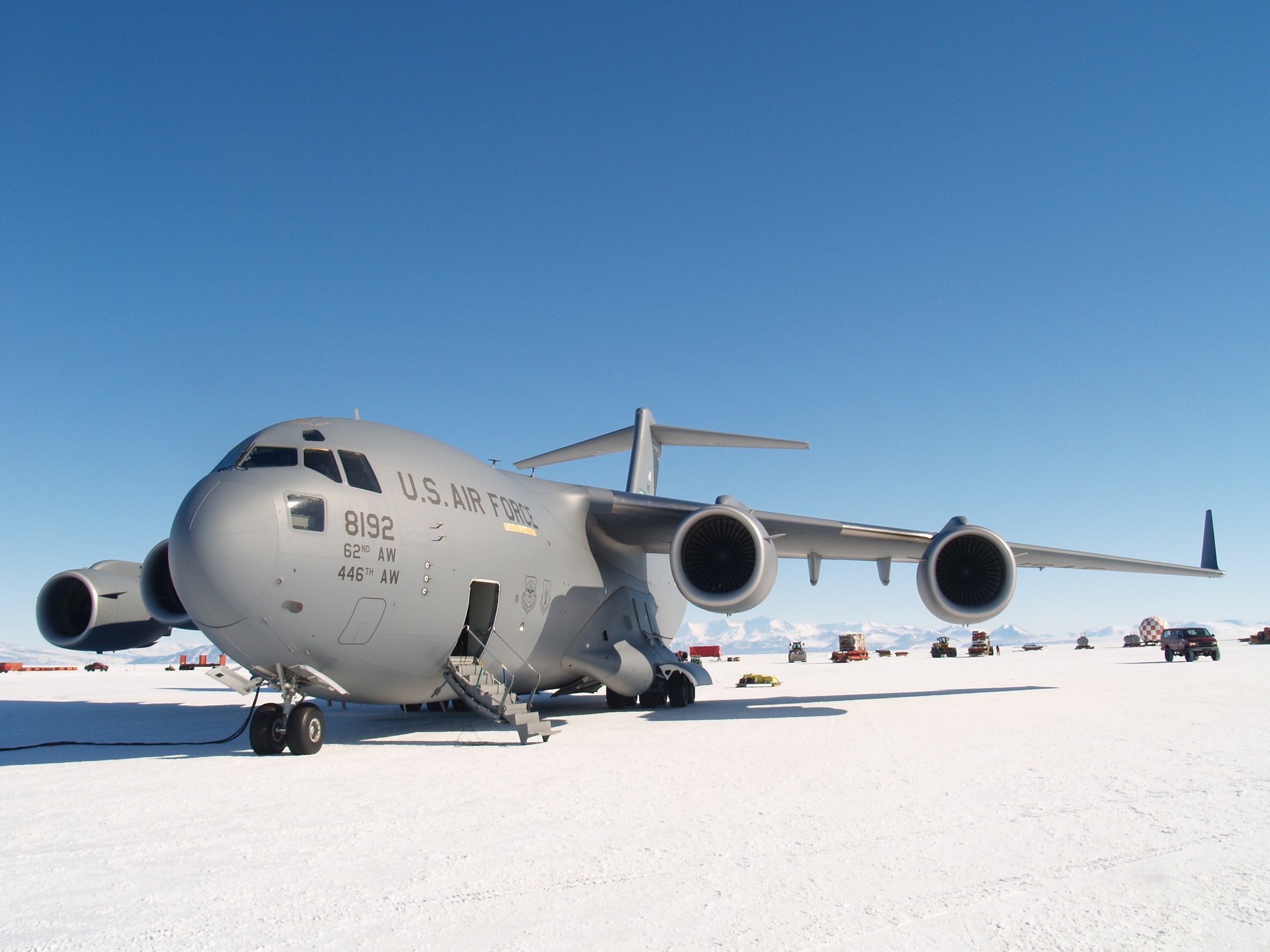 McMURDO STATION, Antarctica--A C-17 sits on the ice runway at McMurdo Station,  The C-17 is a part of Operation Deep Freeze which provides airlift support to the National Science Foundation.  The NSF manages the United States Antarctic Program.