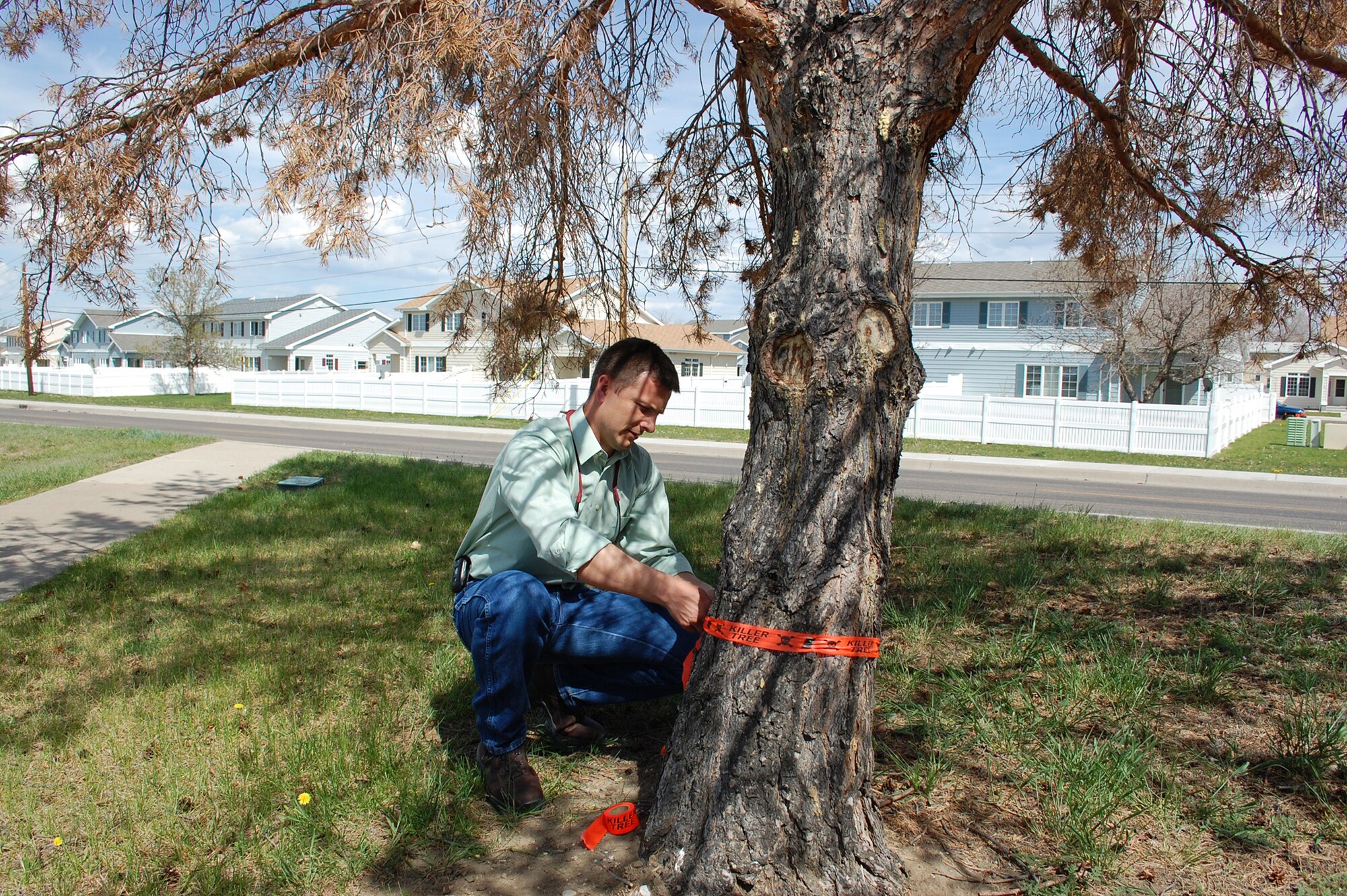 Gibbons marks a tree last spring that was infested with mountain pine beetles and needed to be cut down. Urban forestry is one of Gibbons' many daily responsibilities. (U.S. Air Force file photo)
