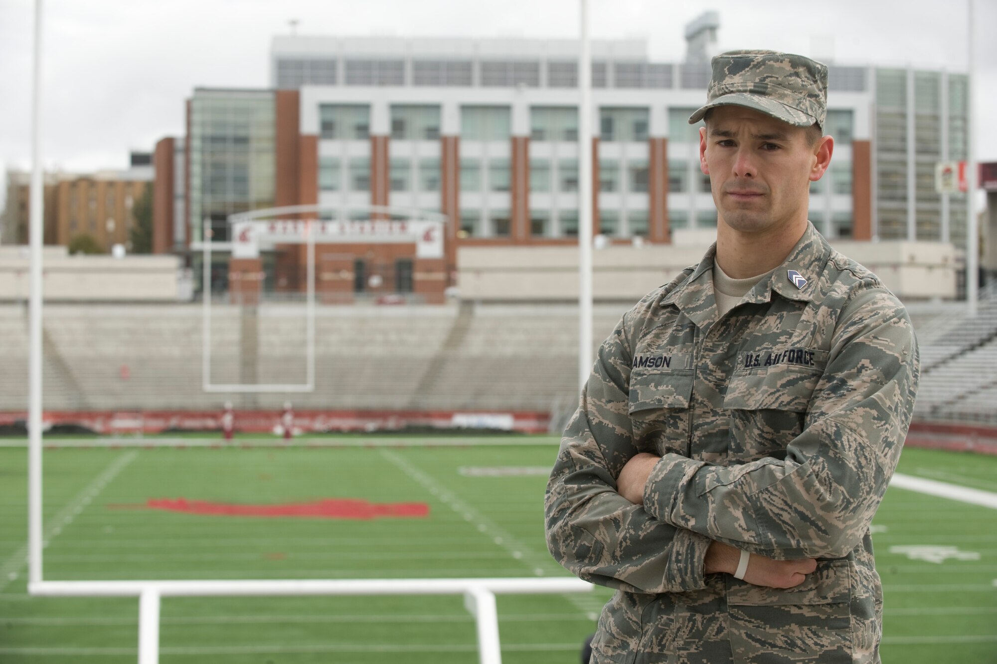 Former Fairchild Airman, Cadet 3rd Class Manny Lamson plays football for the Washington State University Cougars. Lamson is also in the Air Force Reserve, 446th Operations Support Flight at Joint Base Lewis-McChord. (U.S. Air Force photo/Airman 1st Class Earlandez Young)