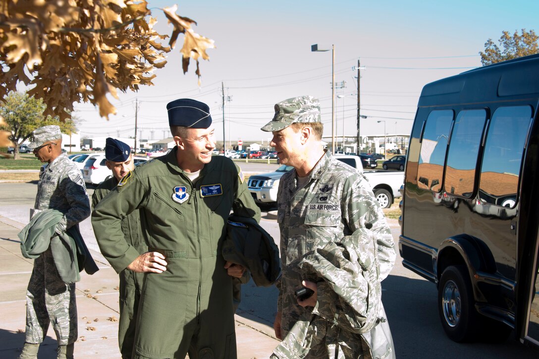 Maj. Gen. Mark Solo is welcomed by Brig. Gen. Darryl Burke as he visits the 80th Flying Training Wing at Sheppard Air Force Base, Nov. 30. (U.S. Air Force photo/Danny Webb)

