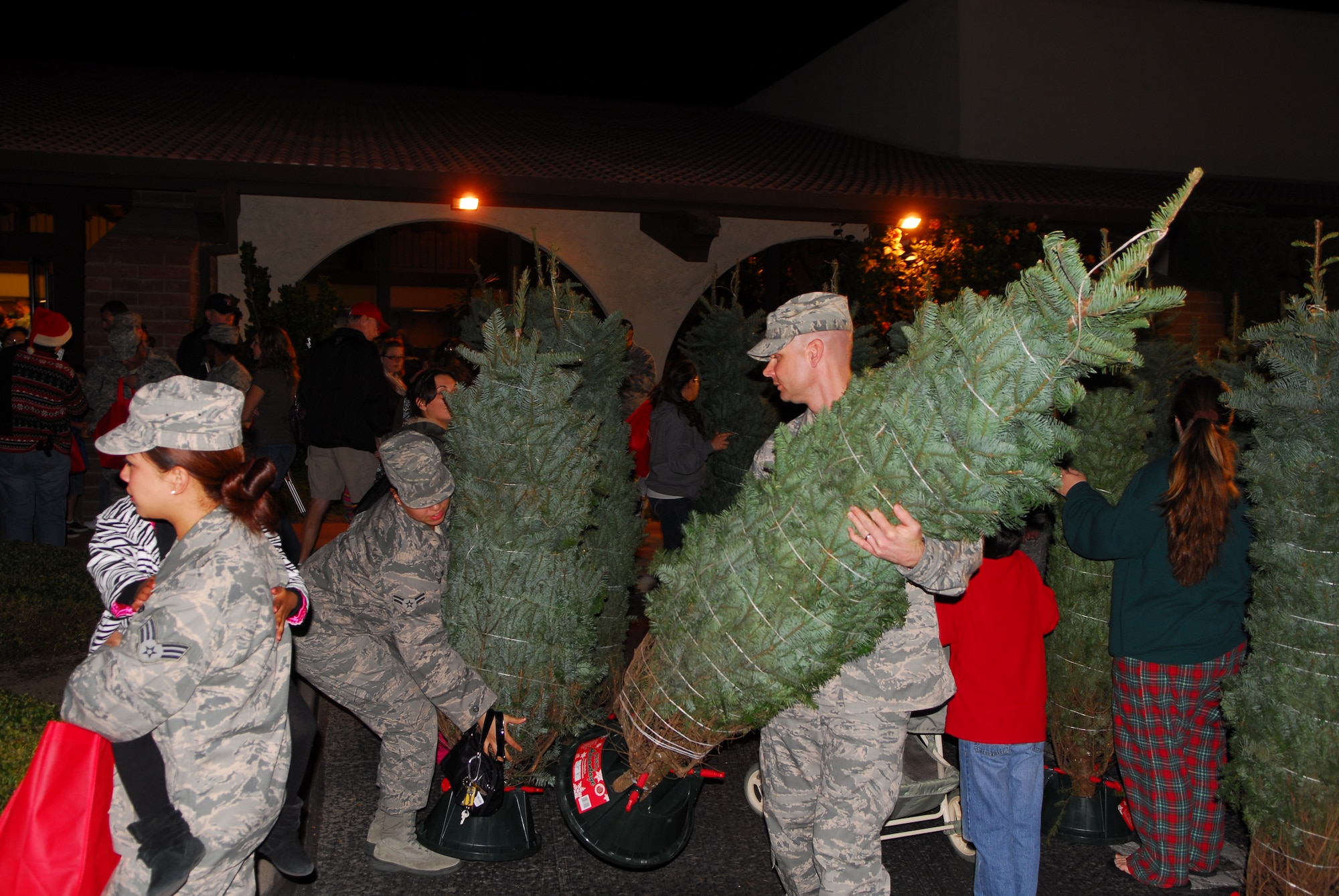 VANDENBERG AIR FORCE BASE, Calif. – With both hands wrapped around a tree, Master Sgt. Cecil Tonguet, the 30th Force Support Squadron first sergeant, helps an Airman move a holiday tree to their car at the Santa Barbara Bank and Trust in Lompoc Wednesday, Nov. 30, 2011. Donations by the local community contributed to the Trees for Troops program which provides holiday trees to active U.S. military families around the world. (U.S. Air Force photo/Senior Airman Steve Bauer)