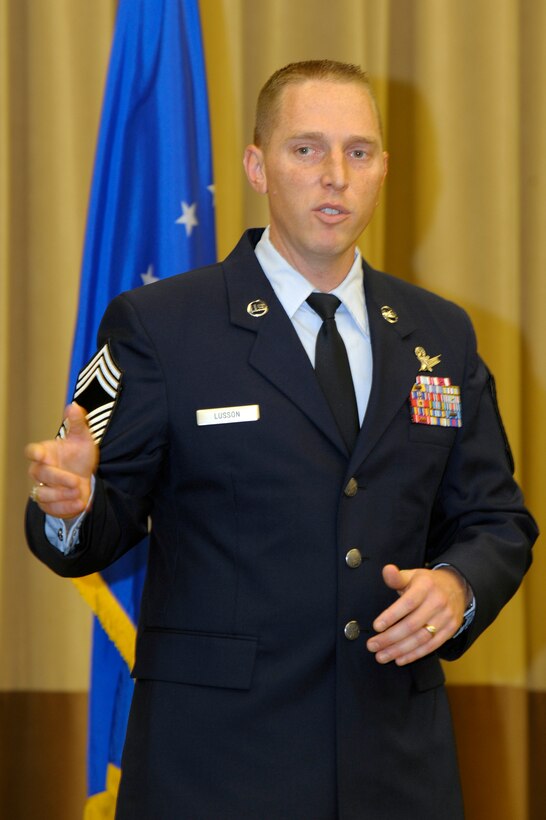 VANDENBERG AIR FORCE BASE, Calif. -- Chief Master Sgt. Matthew Lusson, the 30th Operations Group superintendent, speaks to guests during his promotion ceremony here Wednesday, Nov. 30, 2011. The rank of chief master sergeant is limited by federal law to only one percent of the Air Force enlisted force. (U.S. Air Force photo/Jerry E. Clemens, Jr.)