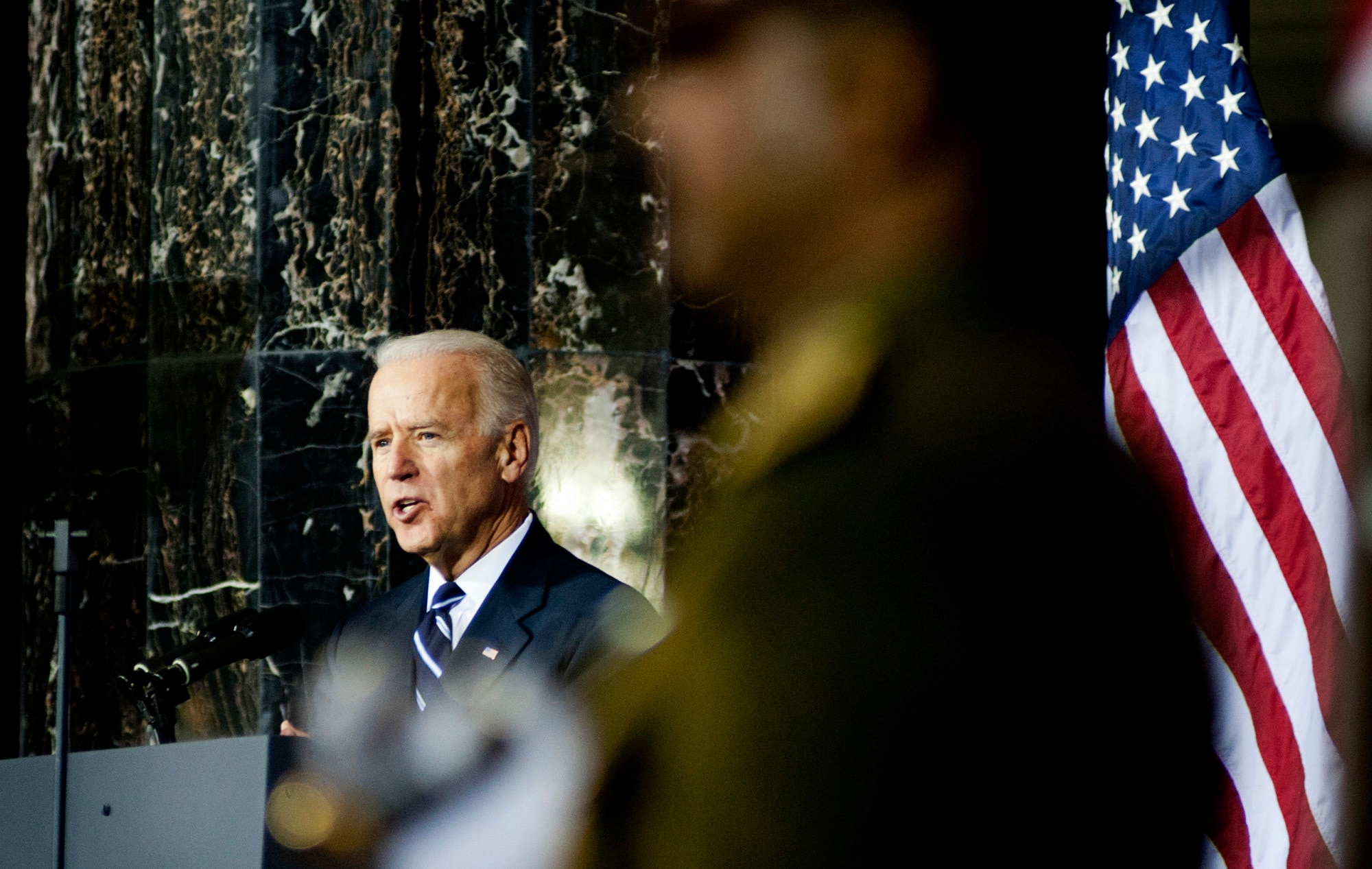 U.S. Vice President Joe Biden gives a speech during the Government of Iraq Day of Commitment Ceremony in the Al Faw Palace at Victory Base Complex, Iraq, Dec. 1, 2011. The ceremony commemorated the sacrifices and accomplishments of U.S. and Iraqi service members. (U.S. Air Force photo/Master Sgt. Cecilio Ricardo)