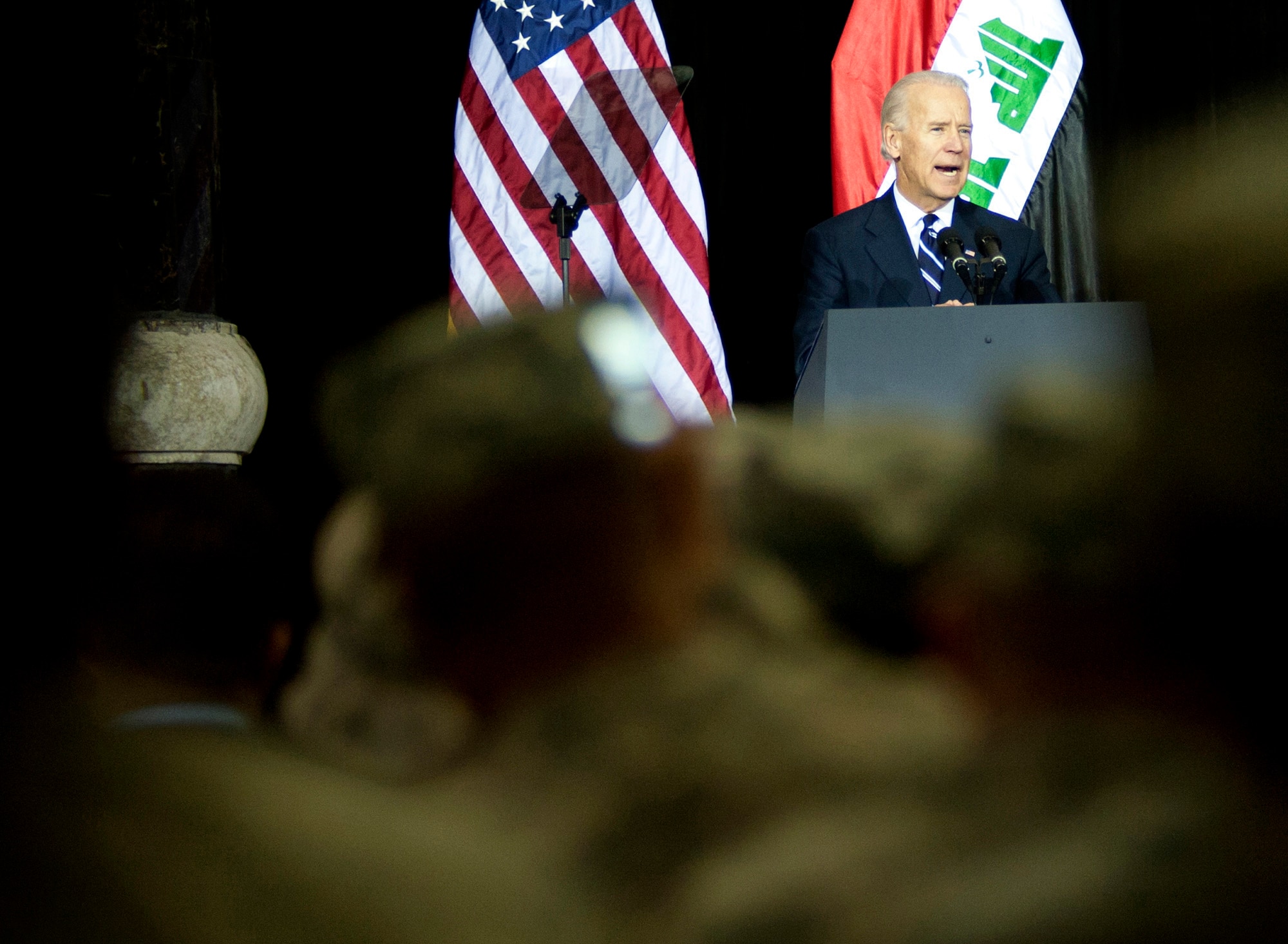 U.S. Vice President Joe Biden gives a speech during the Government of Iraq Day of Commitment Ceremony in the Al Faw Palace at Victory Base Complex, Iraq, Dec. 1, 2011. The ceremony commemorated the sacrifices and accomplishments of U.S. and Iraqi service members. (U.S. Air Force photo/Master Sgt. Cecilio Ricardo)