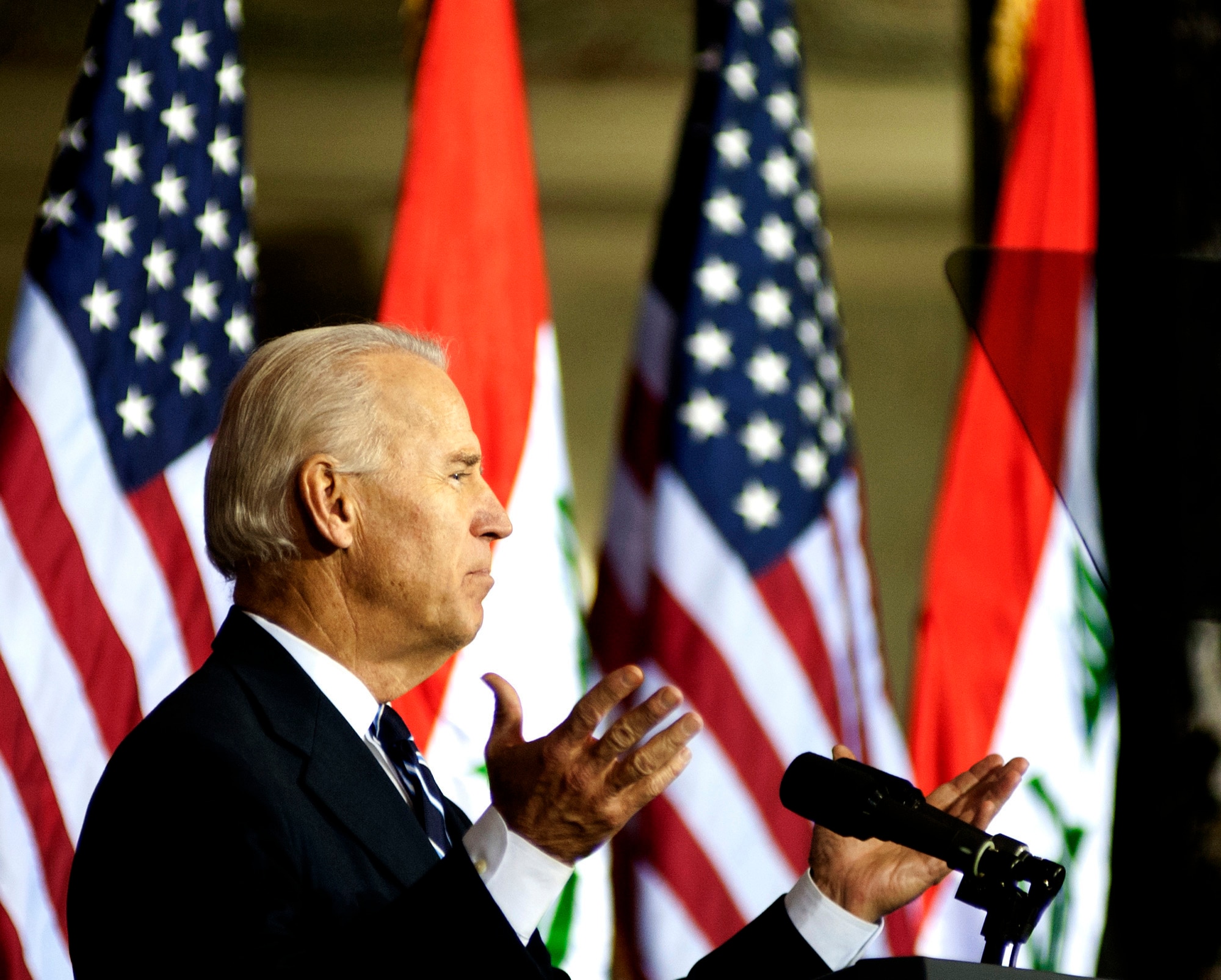 U.S. Vice President Joe Biden gives a speech during the Government of Iraq Day of Commitment Ceremony in the Al Faw Palace at Victory Base Complex, Iraq, Dec. 1, 2011. The ceremony commemorated the sacrifices and accomplishments of U.S. and Iraqi service members. (U.S. Air Force photo/Master Sgt. Cecilio Ricardo)