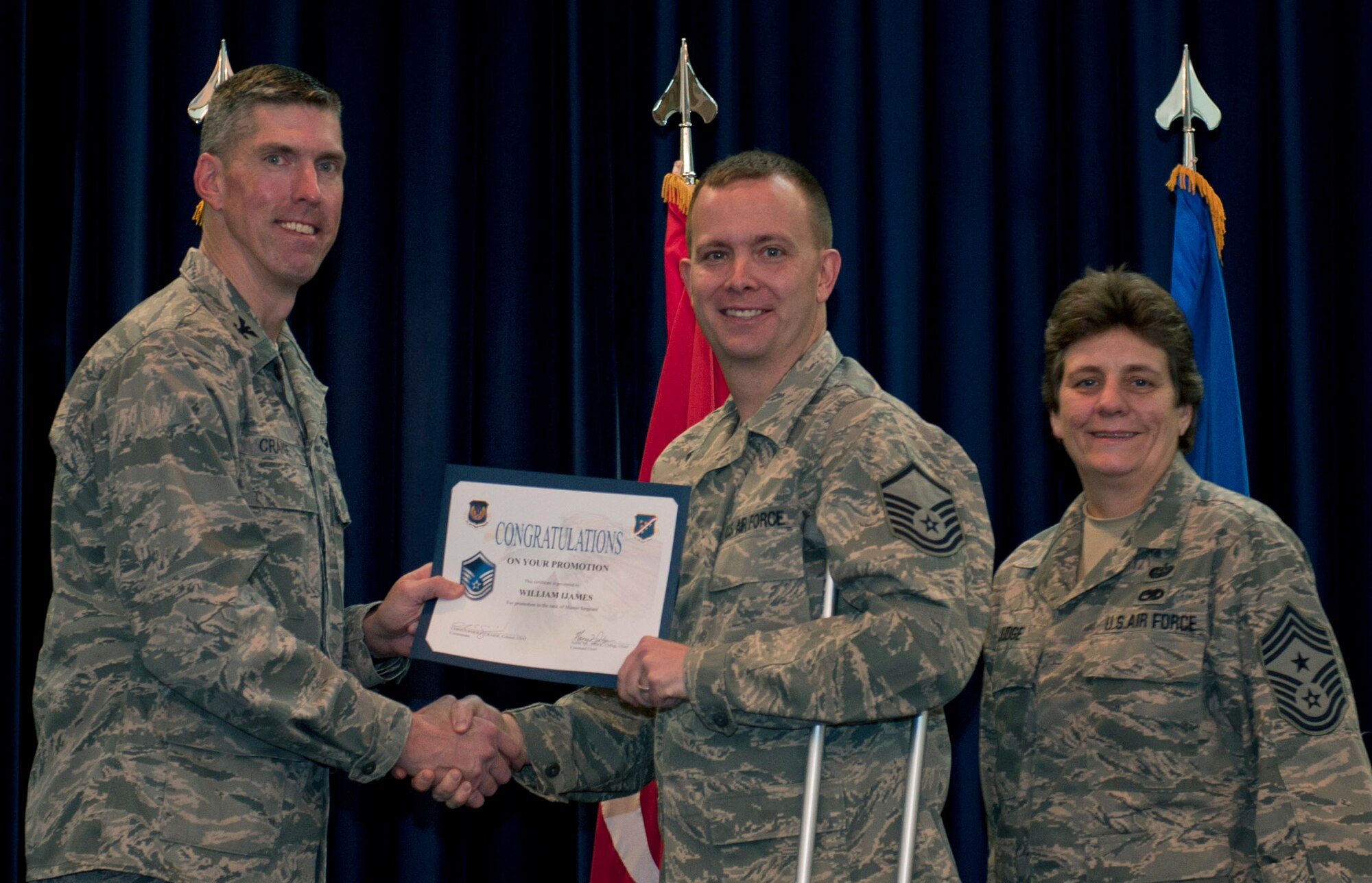 William IJames, 39th Operations Squadron, is promoted to the rank of master sergeant Nov. 30, 2011, in the Club Complex ballroom at Incirlik Air Base, Turkey. (U.S. Air Force photo by Senior Airman Anthony Sanchelli/Released)