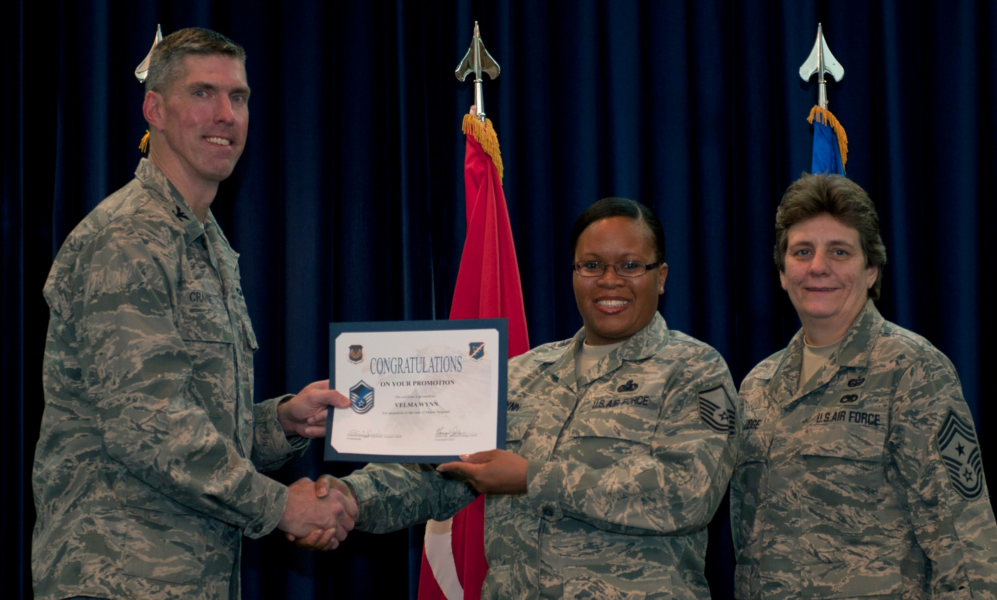 Velma Wynn, 39th Logistics Readiness Squadron, is promoted to the rank of master sergeant Nov. 30, 2011, in the Club Complex ballroom at Incirlik Air Base, Turkey. (U.S. Air Force photo by Senior Airman Anthony Sanchelli/Released)