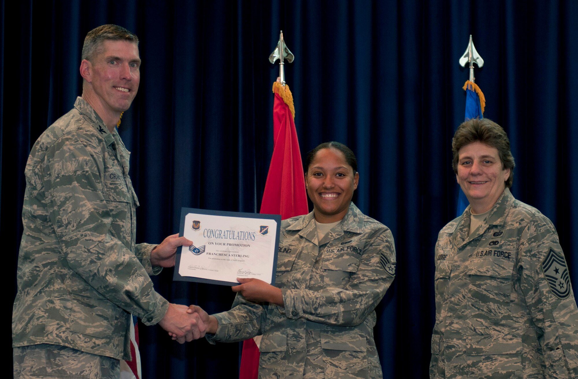 Franchesca Sterling, 39th Communications Squadron, is promoted to the rank of staff sergeant Nov. 30, 2011, in the Club Complex ballroom at Incirlik Air Base, Turkey. (U.S. Air Force photo by Senior Airman Anthony Sanchelli/Released)