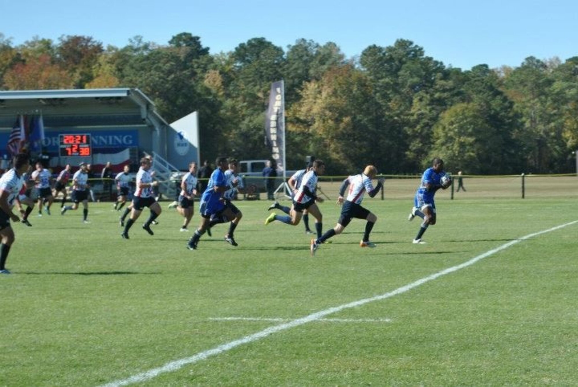 Staff Sgt. Cameron Freeman with the 569th U.S. Forces Police Squadron was selected to be a member of the All-Tournament Rugby Team after scoring four ‘tries’ against the Coast Guard in the Armed Forces Rugby championship, Nov. 5 at Fort Benning, Ga. The Air Force team scored a total of seven tries -- bring the team to win its eight tournament in a row. (Courtesy photo).