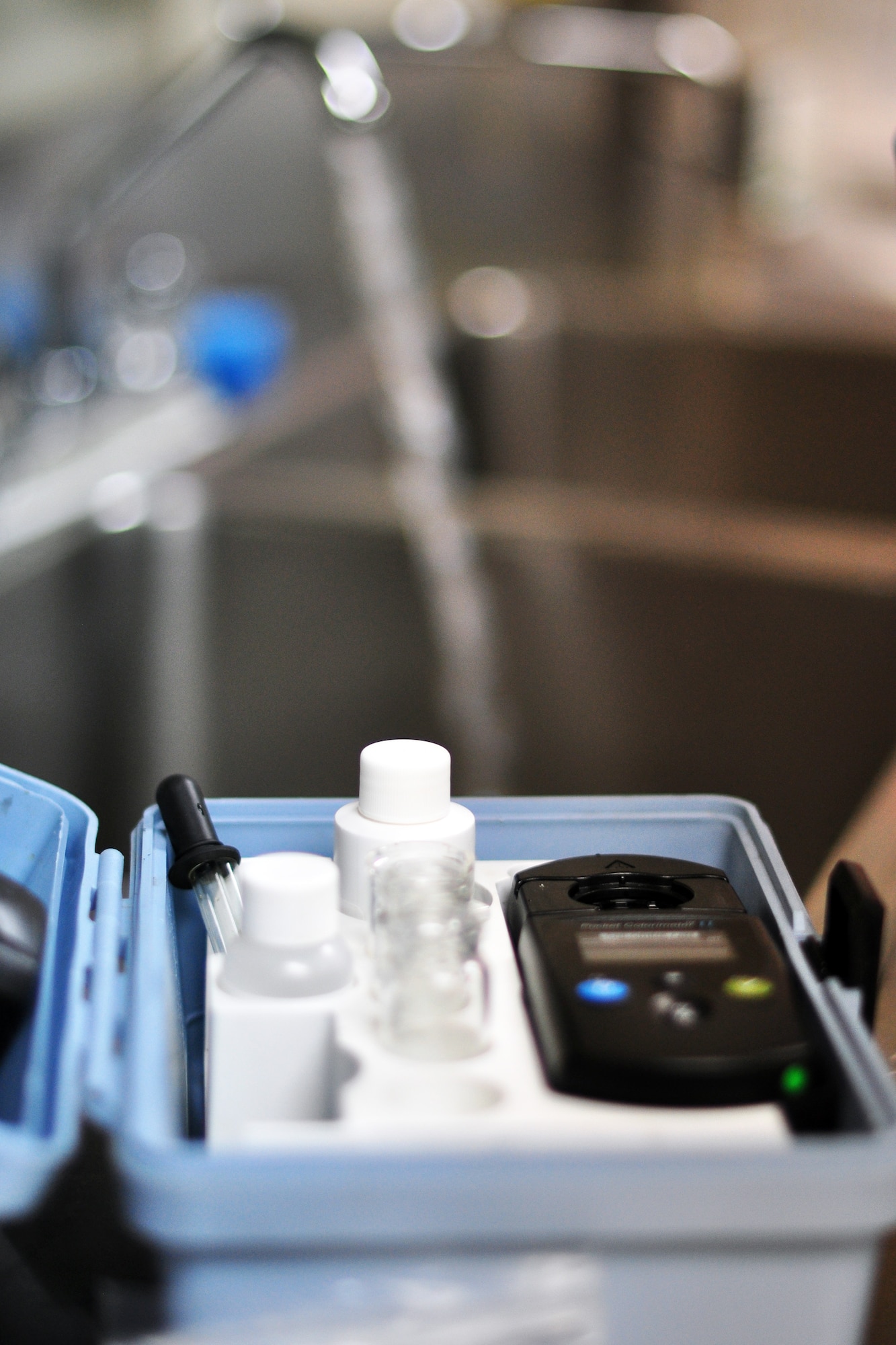 The 51st Aerospace Medicine Squadron Bioenvironmental Flight uses a Hach Pocket Colorimeter to test the base water supply for proper pH and Chlorine levels. Recently the base has experienced a change in taste and smell of the base water, which was caused by harmless algae that formed in the Seoul treatment plant due to the change in weather. Base water is still safe to drink but may take a few weeks to get back to normal. (U.S. Air Force photo/Tech. Sgt. Chad Thompson)