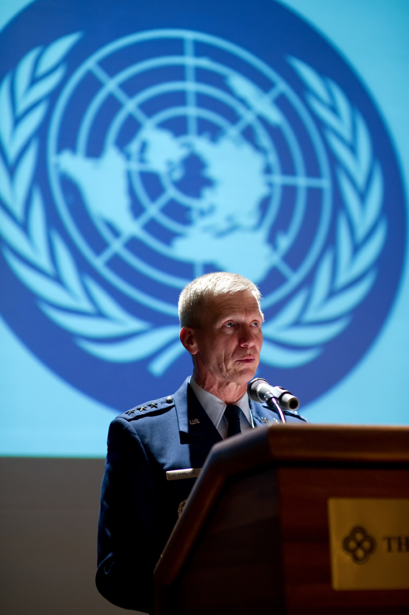 TOKYO, Japan -- Lt. Gen. Jeffrey Remington, United Nations Command, Korea, deputy commander, addresses the ceremony attendees during the United Nations Command 66th Annual Reception, Nov. 29, 2011 at New Sanno Hotel. During his speech, Remington explained how United Nations command (Rear) responded during Operation Tomodachi.  (U.S. Air Force photo/Osakabe Yasuo)