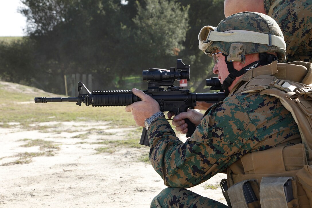Colonel Scott D. Campbell, commanding officer, 15th Marine Expeditionary Unit, fires at a target for a battle sight zero shoot during Command Post Exercise II, at Range 212A on Camp Pendleton, Dec. 1. The BZO is an adjustment made to the weapon’s optics that correctly aligns the weapon’s sight to the user. Command Post Exercise II focused on the unit’s ability to stand up an entire Command Operations Center quickly in the event the MEU is called to shore. Although the exercise included training for this specific event, CPEX II brought the Marines and sailors together by encouraging them to work as a team and build camaraderie among each other. (U.S. Marine Corps photo by Lance Cpl. Danny L. Shaffer II)