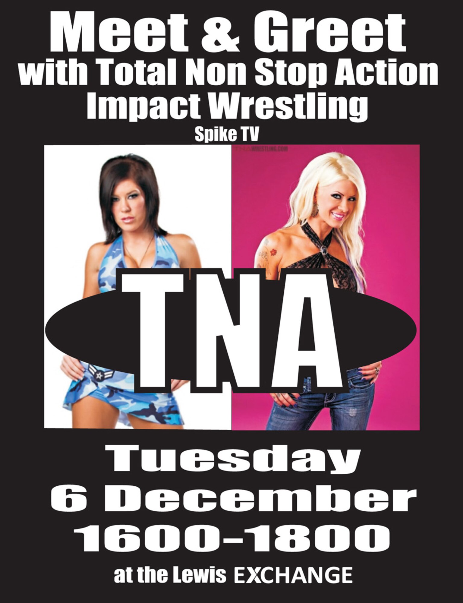 Total Nonstop Action female wrestlers, Angelina Love (right) and Madison Rayne, will meet-and-greet troops to show their appreciation for the military at Joint Base Lewis-McChord, Wash., Dec. 5-6. They will also tour the base. One of their stops will include a C-17 Globemaster III display with an aeromedical demonstration by the 446th Aeromedical Evacuation Squadron. (Courtesty image)