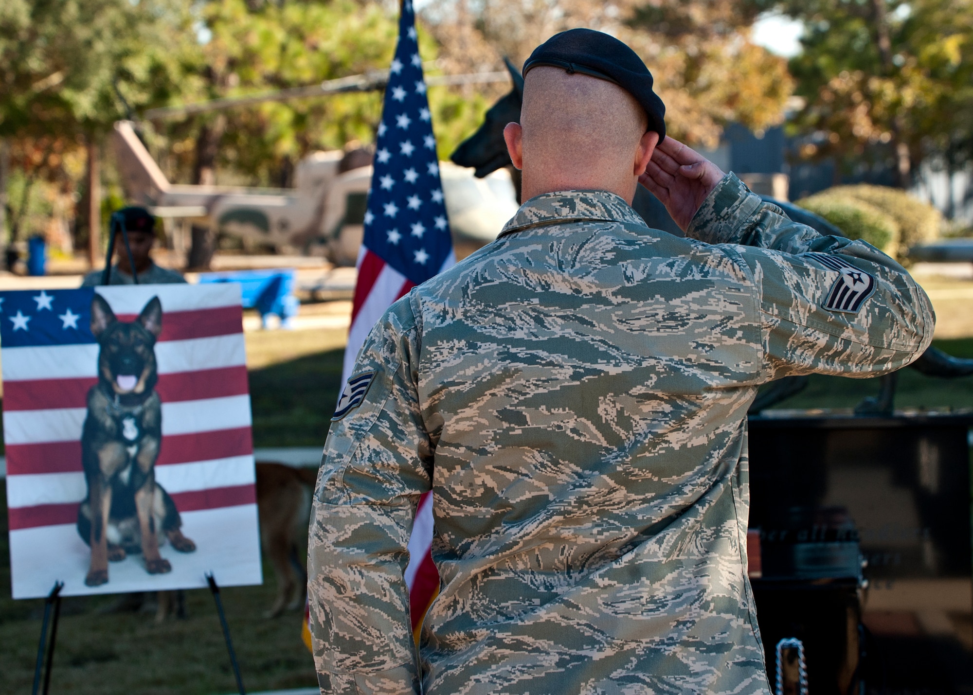 Staff Sgt. Brandon Hardy, of the 96th Security Forces Squadron, salutes his fallen friend, Military Working Dog IQ, during a memorial ceremony at the Air Force Armament Museum, Dec. 1.  IQ died unexpectedly Nov. 6 of bloat, a stomach condition.  He joined the Air Force in March 2010 and came to Eglin in Nov.  2010.  He was fully trained and qualified by Hardy in May.  At the memorial, Hardy said IQ’s name fit him perfectly and he served his country well.  (U.S. Air Force photo/Samuel King Jr.)
